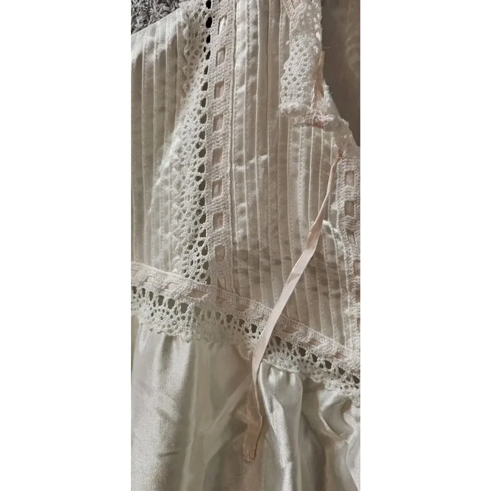 Vintage Llise Stevens‎ Nightgown White Satin Flannel Lined Lace Trim Long Lrg 42